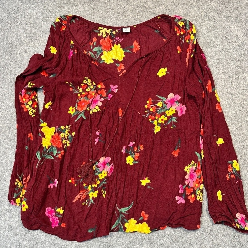 Old Navy Tunic Top Womens Small Burgundy Floral Bohemian Casual Travel V Neck